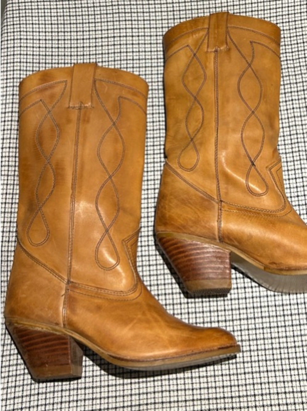 Vintage Leather Cowboy Boots Cognac Tan Western Stitched Size 8